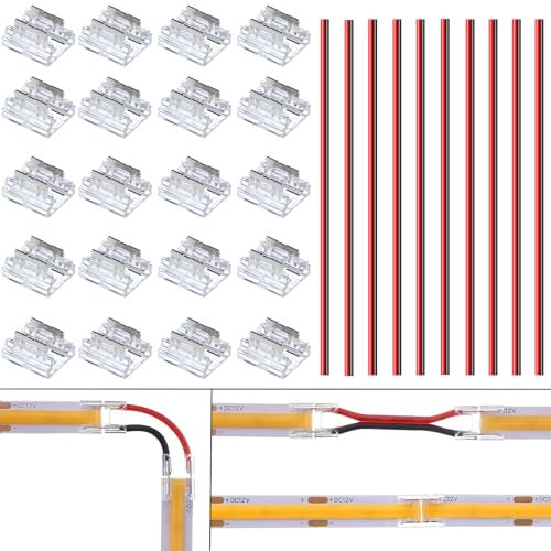 BENLUIN 2 Polig 8mm LED Streifen Verbinder 20 Stück Multifunktional Strip zu Strip und Strip zu Kabel Verbindungsstücke mit 10pcs 15cm Verbindungskabel für ohne Löten 12V 24V COB SMD LED Band Strip