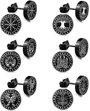 Herren Wikinger Ohrstecker Ohrringe Set - 6 Paar Herren Damen Edelstahl Schwarz Punk Rund Ohrringe Set Geburtstag für Männer Frauen Unisex