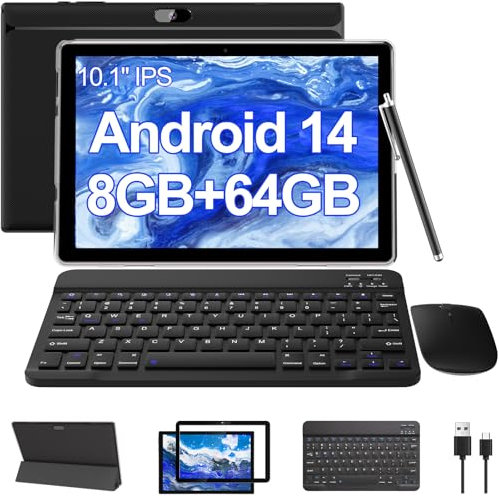 BYANDBY 2024 Tablets Android 14, 2 in 1 Tablet with Keyboard, 10 inch Tablets, 8GB+64GB/1TB Expand, 2.4G+5G+Wi-Fi 6, Dual Camera, 6000 mAh, BT, GMS, Games, Tablet with Case (Black)