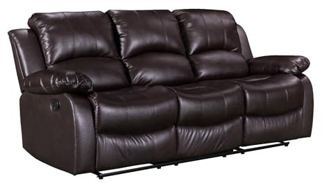 Faux PU Brown Leather Manual Lever 3 Seater Recliner Sofa with a Drop Table Console for Living Room – Electric Sockets USB & Cupholders, Durable PU Fabric, 3 – Position 160 Degree Recline