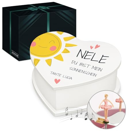 Maverton personalisierte Musikschmuckdose in Herzform mit Aufzieh-Spieluhr - Schmuckkästchen Ballerina Spieldose - Herz Schmuckkiste für Mädchen zur Taufe Erstkommunion - zu Weihnachten - Sonne