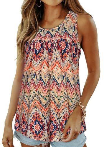 florynova Womens Vest Tops Summer Sleeveless Crew Neck Tank Top Loose Tunic | airy cotton blend, casual relaxed fit, pleated front design, basic floral tank blouse for casual lounging