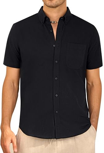 J.VER Men's Black Linen Shirts Short Sleeve Button Down Regular Fit Solid Shirt Shrink Free Casual Breathable Light Summer Holiday Beath Shirts with Pocket 2XL