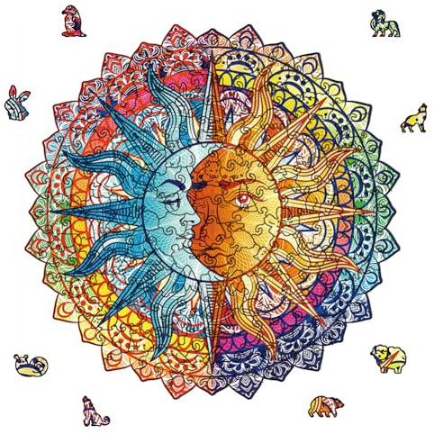 GLOBLELAND 200 Stück Sonne Und Mond Holzpuzzles Für Erwachsene 27.7x27.7 cm/11x11 Zoll Tierpuzzles Holz Erwachsene Bunte Puzzles Geschenke Zum Geburtstag