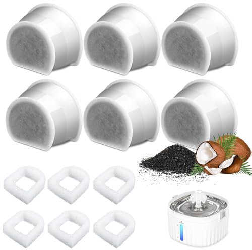 Lot de 6 Filtre à Charbon Rechange Actif Fontaine Eau Chat, Filtres Remplacement pour Fontaines PetSafe Drinkwell Préfiltres en Mousse pour Fountain pour Animaux Drinkwell en Céramique