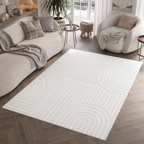TAPISO Hygge Teppich Kurzflor Creme Weiß Streifen Kreise 3D Teppich Wohnzimmer Schlafzimmer ÖKOTEX 140 x 200 cm