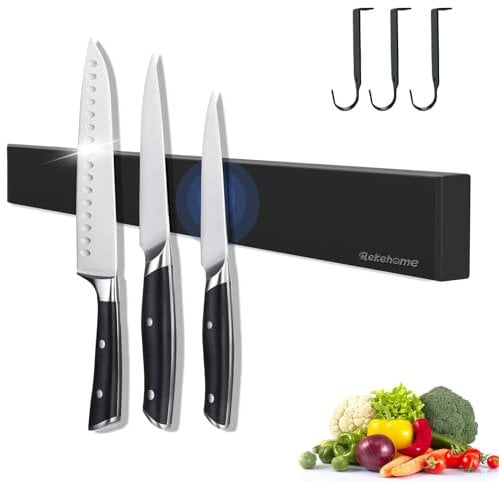 Magnetleiste Messer, Magnet Messerhalter aus Edelstahl mit Extra Starkem Magnet, 40CM Schwarz Messer Halterung Messerleiste Magnetisch Selbstklebend oder Bohren mit 3 Haken