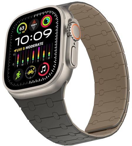 ZZDZZ Compatible avec Bracelet Apple Watch 49mm 46mm 45mm 44mm 42mm 41mm 40mm 38mm, Bracelet Silicone Magnétique pour iWatch Ultra 2 Série10 9 8 7 6 5 4 3 2 1 SE (42/44/45/46/49, Gris/Café)