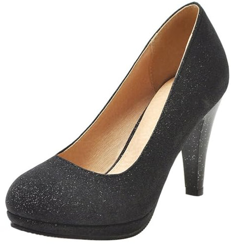 Pumps mit Damen Kegel Ferse mit Plateau Glitzer Höhe Ferse Schuhe Runde Zehen Ohne Verschluss Elegant Glitzer Schuhe, D140Vd Schwarz Gr 34 EU