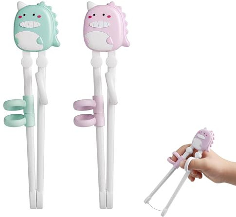 2 Pairs Kid Chopsticks, Dinosaur Children's Chopsticks, Suitable for Beginners and Young Children to Practice Using (Pink+Green)