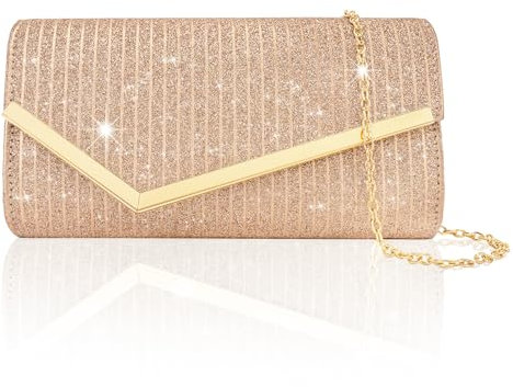 Larcenciel Pochettes et Clutches Femme Or Rose, Pochette Soiree Femme à Rayures Luxe avec 2 Chaîne Détachable, Sac a Main Bandouliere Élégant pour Mariage, Fete, Boule, Cocktail, Cérémonies 22x12x6cm
