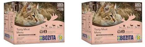 Bozita Nassfutter Häppchen in Gelee im Portionsbeutel Multibox 3X Hühnchenleber 3X Rind 6X Rentier 12x85g Getreidefreie Katzenfutter Nassfutter (Packung mit 2)