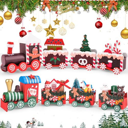 HGRGHH 2 STK Weihnachten Tischdeko, Holz Eisenbahn Weihnachtsbaum, Zug Deko, Weihnachtsdeko Tisch, Geschenke für Xmas Party Neujahr-Bunt