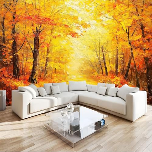 Papier Peint Forêt D'Automne Peinture Dorée 3D Panoramique Murale Salon 200x140 cm Papier Peint intissé pour Chambre Salon Personnalisé Décoration Murale