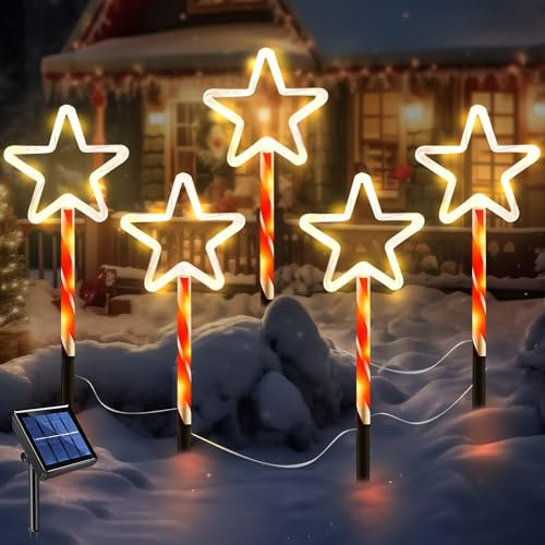 Weihnachtsdeko Aussen,5er Solar Weihnachtsbaum Lichterketten Weihnachten Schneeflocken Weihnachtsstern Deko,IP65 Wasserdichte Weihnachtsbeleuchtung Außen mit 8 Modi Licht für Garten Rasen Terrasse (B)