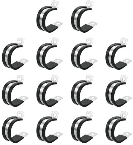 sourcing map 1-1/4(32mm) Cable Clamp, 304 Stainless Steel Rubber Cushioned Insulated Clamp R Shape Metal Clamp Tube Holder for Pipe Hose Wire Cord Installation 14Pcs
