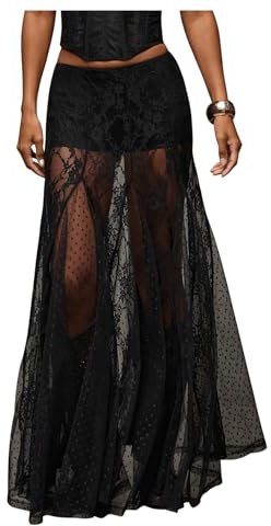 WDIRARA Women's Sexy See Through Sheer Lace Maxi Skirt Low Waist Ruffle Hem A Line Flowy Skirt Black X-Large