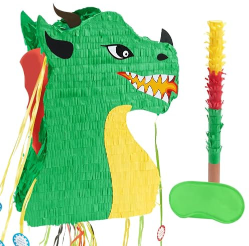 WERNNSAI Drachen Piñata – Drache Geburtstags Junge Pinata Kindergeburtstag Faltbare Piñata mit Augenbinde Stab und Quasten Dino Geburtstagsparty Dekoration Partyspiele Zubehör 41,9 x 31,8 cm
