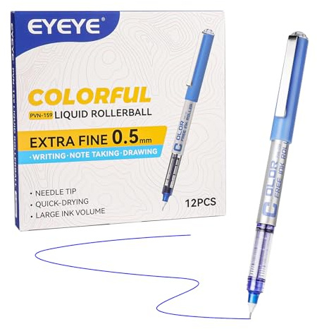 EYEYE 0.5mm Blue Pens Needle Tip, 12 Pack Rollerball Pen Extra Fine Point Quick Dry, Blue Liquid Ink Pens Fine Point Smooth Writing Pen for Journaling, Note Taking, School, Office Supplies
