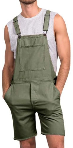 Runcati Herren Jeans Overall Baumwolle Latzhose Kurze Arbeitshose Loose Fit Männer Denim Jumpsuit mit Taschen Armeegrün L