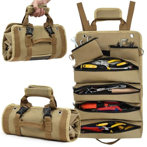 Adiwo Tool Roll Bag, Tool Roll Pouch with 4 Zip Pockets, Motorcycle Tool Kit for Tools Storage, Roll Up Tools Bag with 2 Detachable Tool Pouch, Tool Organiser for Plumbers Craftsmen Electrician Khaki