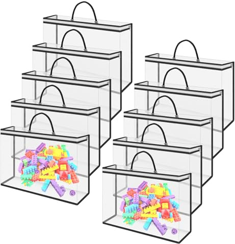 Yocdunm 10 Pcs Extra LargeToy Storage Bags 40×30×10cm Waterproof PVC Toy Storage Bags with Zipper, Clear Transparent Organizer with Handle for Building Blocks, Books, Puzzle,Cosmetics