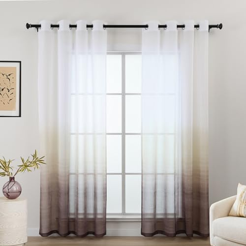 L.Z.E Vorhang Transparent, Gardinen Weiß Taupe Farbverlauf, Vorhänge für Wohnzimmer und Schlafzimmer, 145 cm Fallhöhe, mit Ösen, Verlaufsmuster Design, 2er Set Gardinenschal Ösenschal (LZE2236E-TP145)