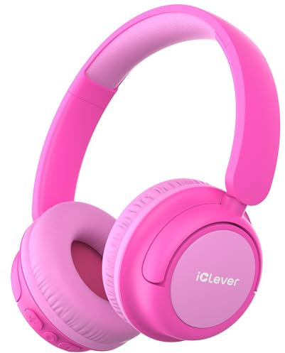 iClever BTH22 Kids Headphones Wireless, 60H Play Time, 74/85 dBA Safe Volume, Bluetooth 5.4, Over Ear Kids Bluetooth Headphones with Mic AUX Cord for iPad/Tablet/Trave/School (Blossom Pink)