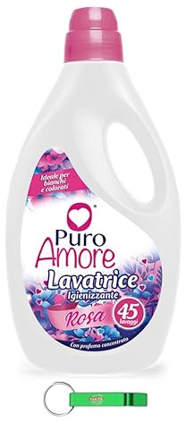 6 X PURO AMORE Detersivo Lavatrice Rose Igiene – detersivo liquido ideale per capi bianchi e colorati – 45 lavaggi 2025 ml + portachiavi Beni Culinari