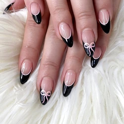 Almond False Nails - 24Pcs Black Nails French Tip - Press on nails Bow-Tie Design - Stick on Nails Medium Long - Gothic Fake nails with Glue - Full Cover Acrylic Nail Tips Glue On