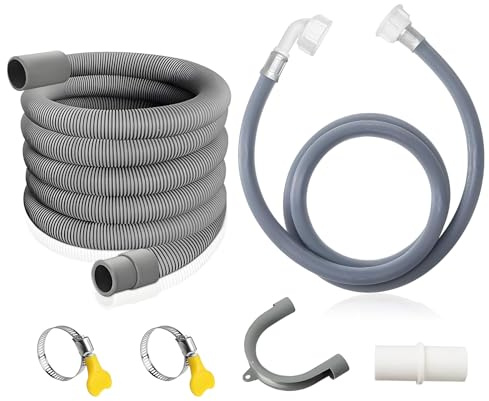 Drain Hose Extension Kit, Washing Machine Hose + Cold Water Inlet Pipe | 3m with Connector and Clamps for Dishwashers Washing Machines (Grey)