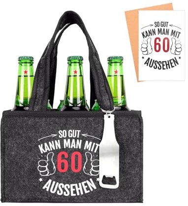 Kaempe Geschenke 60 Geburtstag Mann, 60. Geburtstag Männerhandtasche Bier Filz mit Flaschenöffner und Grußkarten für Männer Frauen, Männerhandtasche Bier Flaschentasche für 6 Bierflaschen