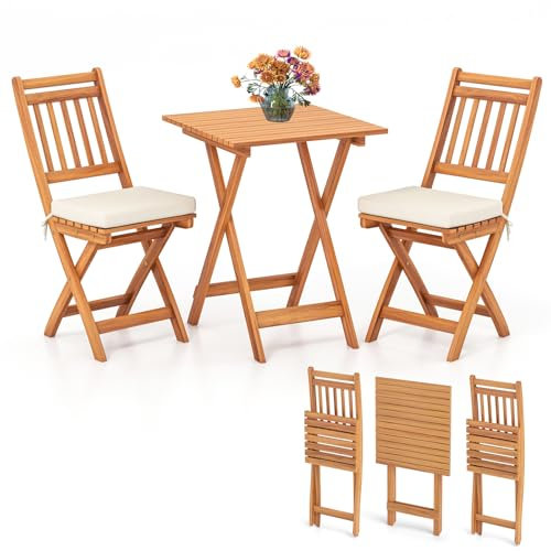 KOMFOTTEU 3 TLG. Balkonset klappbar, Gartenmöbel-Set aus Akazienholz, Bistrotisch mit 2 Stühlen, Sitzgruppe mit 2 Kissen, Gartengarnitur für Terreza, Balkon (Vertikal)