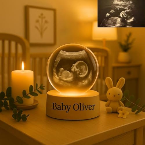 WEIYOUDP Bola de cristal de ultrasonido personalizada, bola de cristal fotoLED 2D personalizada, con base de madera luminosa, regalo único y móvil para anuncio de embarazo (8 cm)