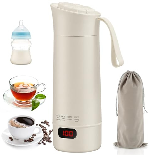 Reise Wasserkocher Klein 400ML, Tragbare Mini Wassertasse aus Edelstahl mit 4 Temperaturstufen, 300W Schnellkochfunktion Automatischer Abschaltung, Wasserkocher für Kaffee Tee unterwegs
