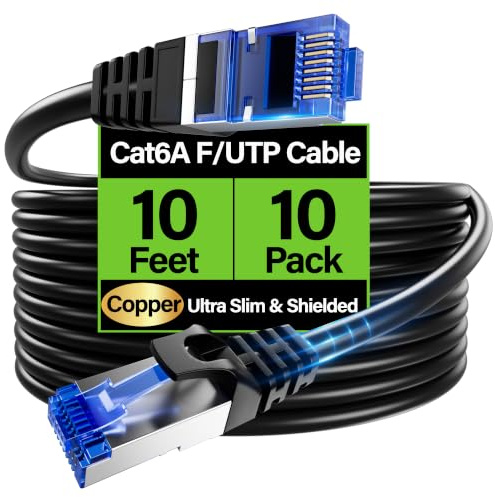 Cat6A Ethernet Cable Shielded 10Gbps 10 ft (10 Pack), Slim Shielded (F/UTP) Ethernet Cable Cat 6, Flexible 28AWG Bare Copper Cat6 Cable, Space-saving Cat6a Network Cable for Server, Data Center, Black