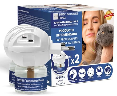 BASSICH® Calm 2+2 Feromonas para Gatos con Difusor Enchufable y Compatible – Calmante para Gatos Que Ayuda a Reducir Estrés, Ansiedad y Marcaje en el Hogar – Ambiente Relajado para Gatos Nerviosos