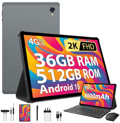 LINROM 2K Android 15 Tablet 10.6 Inch, 4G SIM LTE+5G WiFi, 36GB RAM+512GB ROM (2TB TF), Octa-Core, 2000 * 1200, 8000mAh, 13MP+8MP, Widevine L1, GPS, Bluetooth 5, Tablet with keyboard (Gray)