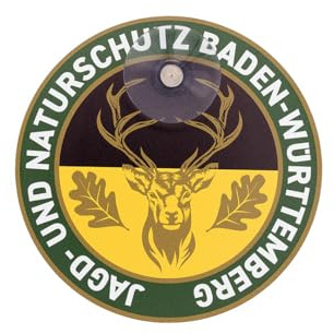 Baden-Württemberg Jagdschild „Jagd & Naturschutz“ mit Hirschmotiv und Eichenlaub – Jäger Autoschild mit Saugnapf für Autoscheibe, Ø 13 cm, formstabiles Aluverbund – Made in Germany