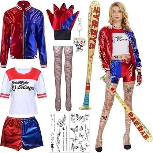 ZeiLaBang Kakadi Quinn Kostüm Damen,Quinn Kostüme für Mädchen,Mädchen Bösewicht Kostüm Kit Enthalten Jacke T-Shirt,Gruselig Vollkopf Skelett Maske für Herren Damen Halloween Party Rollenspiele