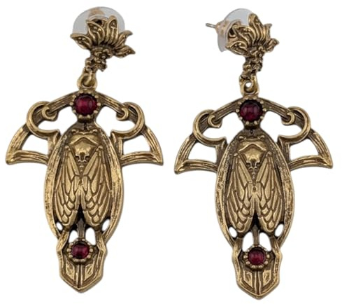 Art Nouveau Inspired Cicada Earrings - Brass Screaming Insects in Deco-style Crests, with Burgundy Resin Stones - Retro Beetle Pendants on Surgical Steel Studs