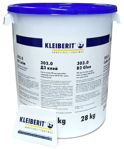 KLEIBERIT 303.0 Holzleim D3/D4 – PVAc Dispersionsleim 28 kg Eimer – wasserfest für Flächen- & Kantenverleimung, Massivholz, Möbelbau & Innenausbau – hohe Festigkeit inkl. Leimspachtel