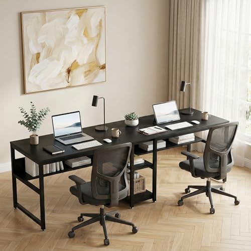 Lailang 200cm Bureau Informatique, Table avec Rangement, Meuble de Rangement Bureau, Bureau 2 Personnes, Grand Bureau Gaming, 200 x 60 x 75 cm, Noir