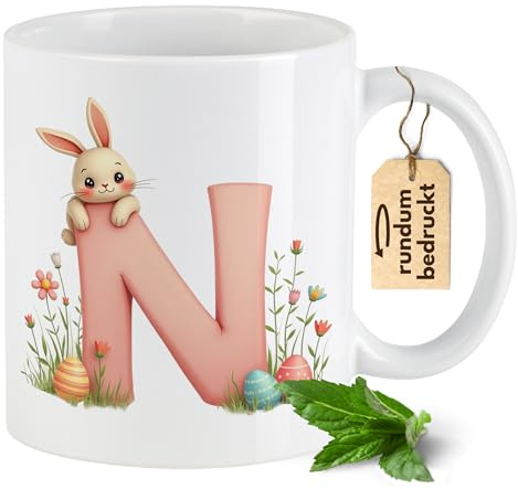 GRAZDesign Personalisierte Ostertasse mit Buchstabe N und Hasenmotiv - Blumen- und Eierdesign