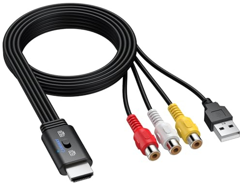 CAMWAY Adaptador RCA a HDMI con Switch 16:9/4:3, 1080P Convertidor AV a HDMI CVBS Compuesto con 60CM Cable RCA Hembra Integrado,Cable Todo en Uno, Compatible con PAL NTSC para Wii PS1 PS2 N64 DVD VCR