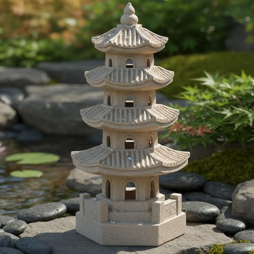 Décoration de jardin japonais, statue de jardin pagode, lanterne pagode à énergie solaire en résine, décoration d'extérieur zen japonaise pour balcon, patio, porche, cour 29 x 11, 9 x 11, 9 cm, kaki