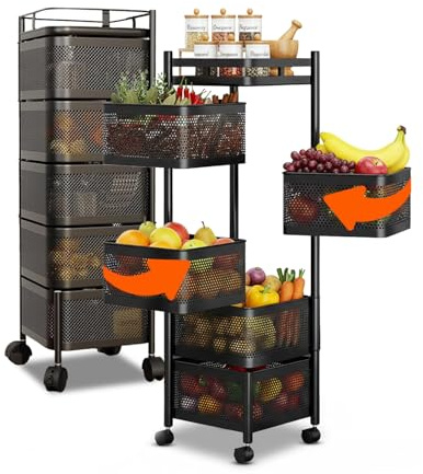 Avilia - Carrello con Ruote Portatutto Richiudibile Multiuso con Cestelli Capienti e Struttura Salvaspazio per Cucina Bagno e Ufficio Design Pieghevole con Ruote Frenanti Nero Quadrato 5 Cestelli