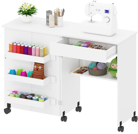 Sewing Table,Sewing Machine Desk w/Open Storage Shelf Drawer Rolling Caster | 2-in-1 Folding Hobby Craft Table,Sewings Machine Cabinet Computer Desk Workstation for Home Office (White)