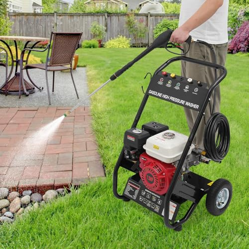 Idropulitrice a benzina da 7,5 CV, pressione di lavoro 2200 PSI e portata 2,3 GPM, pulitore ad alta pressione mobile con 5 ugelli regolabili e tubo da 8 m, per auto, recinzione e terrazza