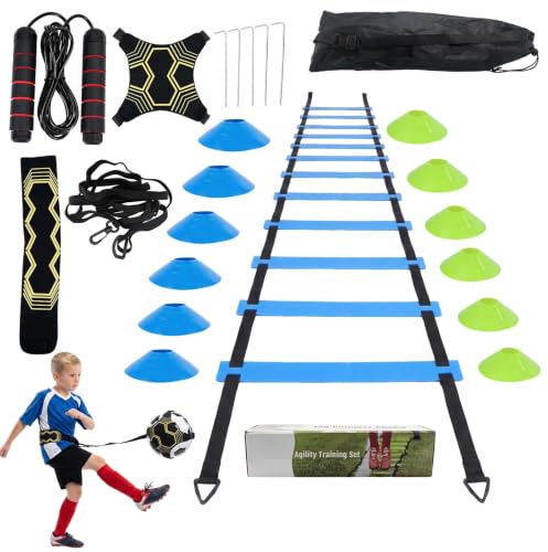 Veebmys Kit Entrenamiento Fútbol, Escalera de Agilidad y Coordinación con Discos de Marcaje, Cuerda para Saltar, Red para Balón, Estacas de Fijación y Bolsa para Club y Jardín